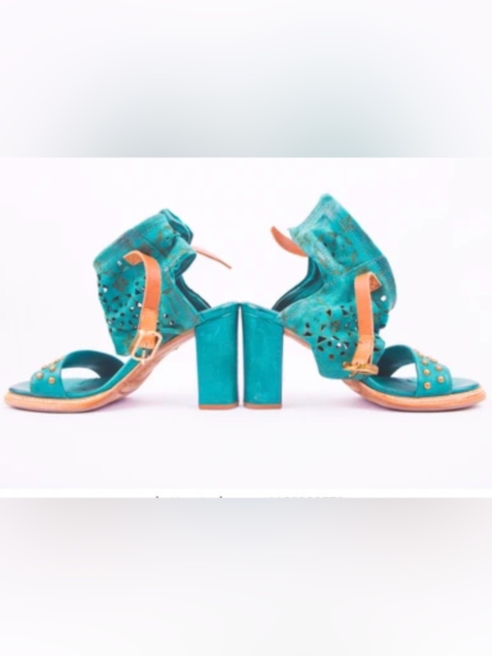 A.S.98 Airstep Teal Laser-Cut Studded Block Heel Sandals 40(9)